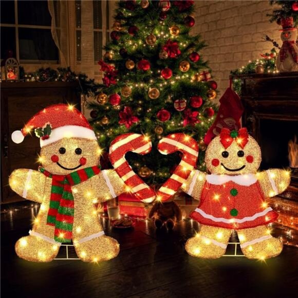 22.5’’ Lighted Christmas Yard Decor 2pcs Light Up Gingerbread Man Couple Decor - Picture 4 of 8